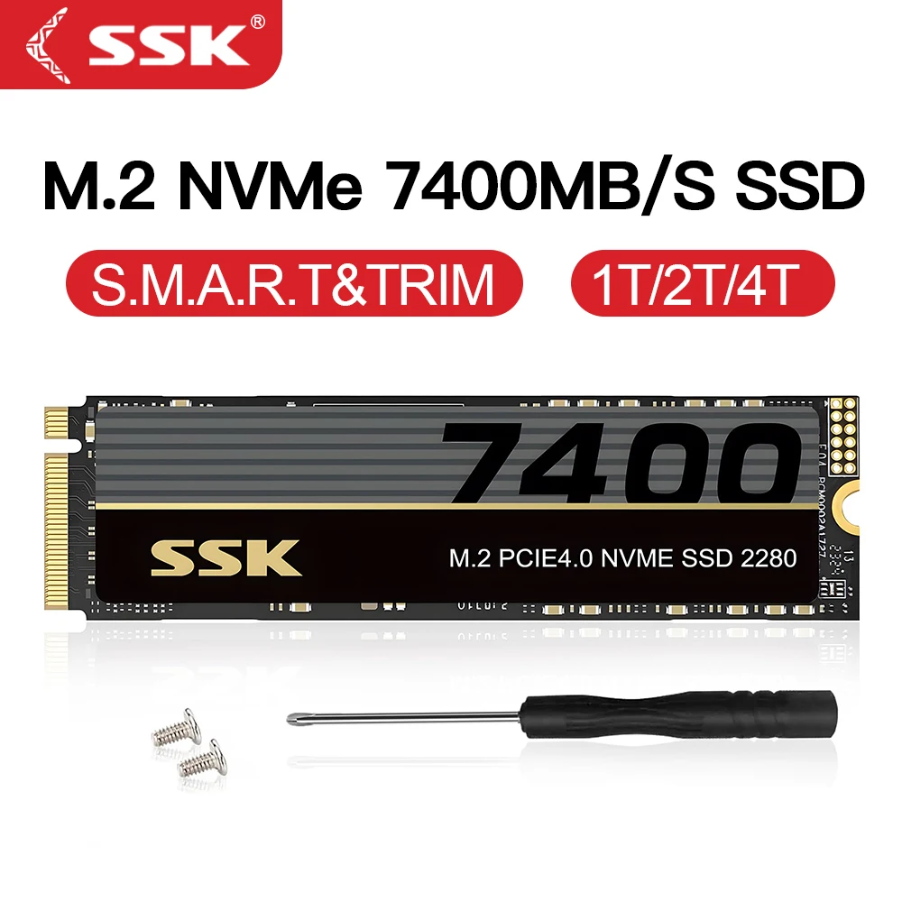 SSK M.2 NVMe SSD PCIe 4.0 7400MB/s M.2 2280 1T 2T SSD Interno para Jogos, Unidade de Estado Sólido Integrada para Jogos de Grande Capacidade