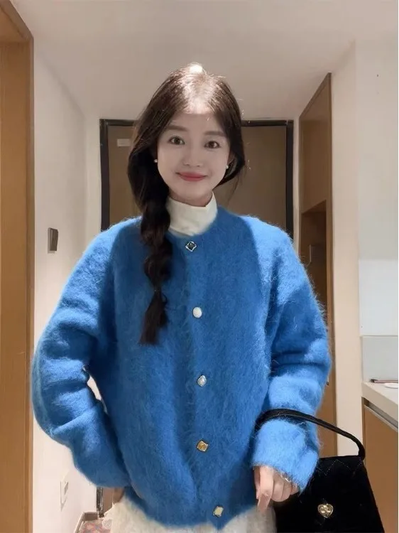 

Stunning Blue Long Sve Knitted Sweater Coat Women's Faion Early Autumn Unique Beautiful Casual Loose Fit round Ne Sing...