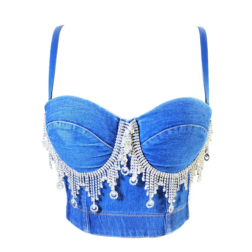 

Stunning Rhinestone and Bead-Encrusted Tassels Denim Bra for The Perfect Night Out Lingerie Backless Push Up Bra Underwear