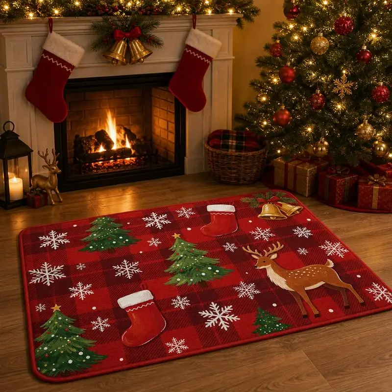 VIKAMA Red Buffalo Check Kris Kringle Snow Figure Reindeer Yule Welcome Mat Festive Salutations Floor Padding Grip Backed Decor