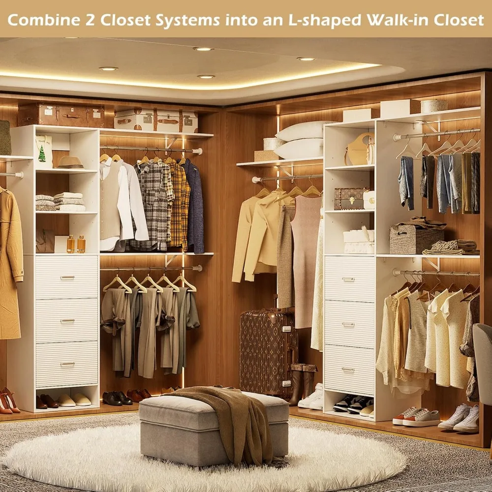 Expandable 8FT Wooden Closet Organizer System with Drawers and Adjustable Hanging Rods for Enhanced Storage Solutions