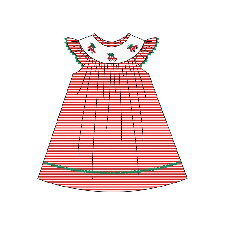 

Christmas Hand Smock Exquisite Summer Romper Red Stripe Sleeveless Round Neck Dress Car Pattern Girl Green Skirt Kid Clothes