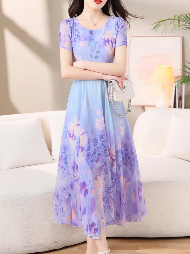 2024 Casual Luxury Holiday Midi Dress Summer Floral Chiffon Boho Beach Maxi Robe donna manica corta elegante vestito da partito aderente