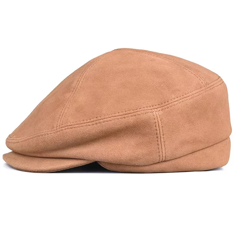 Suede Beret Caps For Men Novelty Spring Short Brim Genuine Leather Soft Gatsby Hat Male Yellow Coffee Diamond Boina Hombre