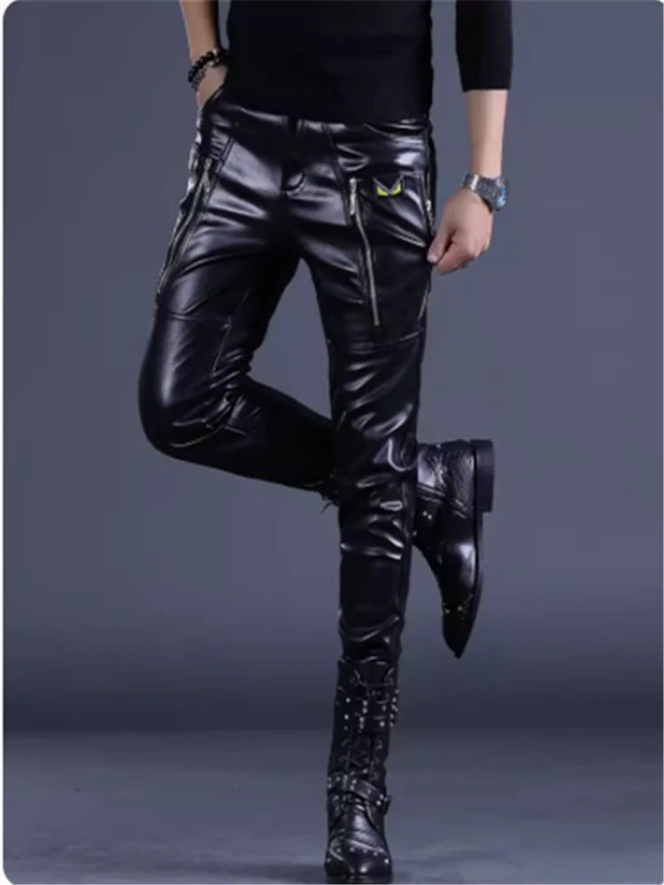 2023 Winter men's thermal leather pants stage show pants Motorcycle rider delivery rider windproof pants