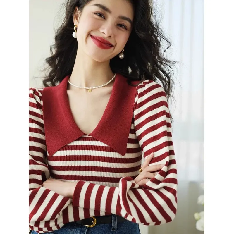 

Premium European Style Striped Knitwear Women's Autumn Winter Sweater No Pilling Top Quality Guangzhou Thirteenth Factory