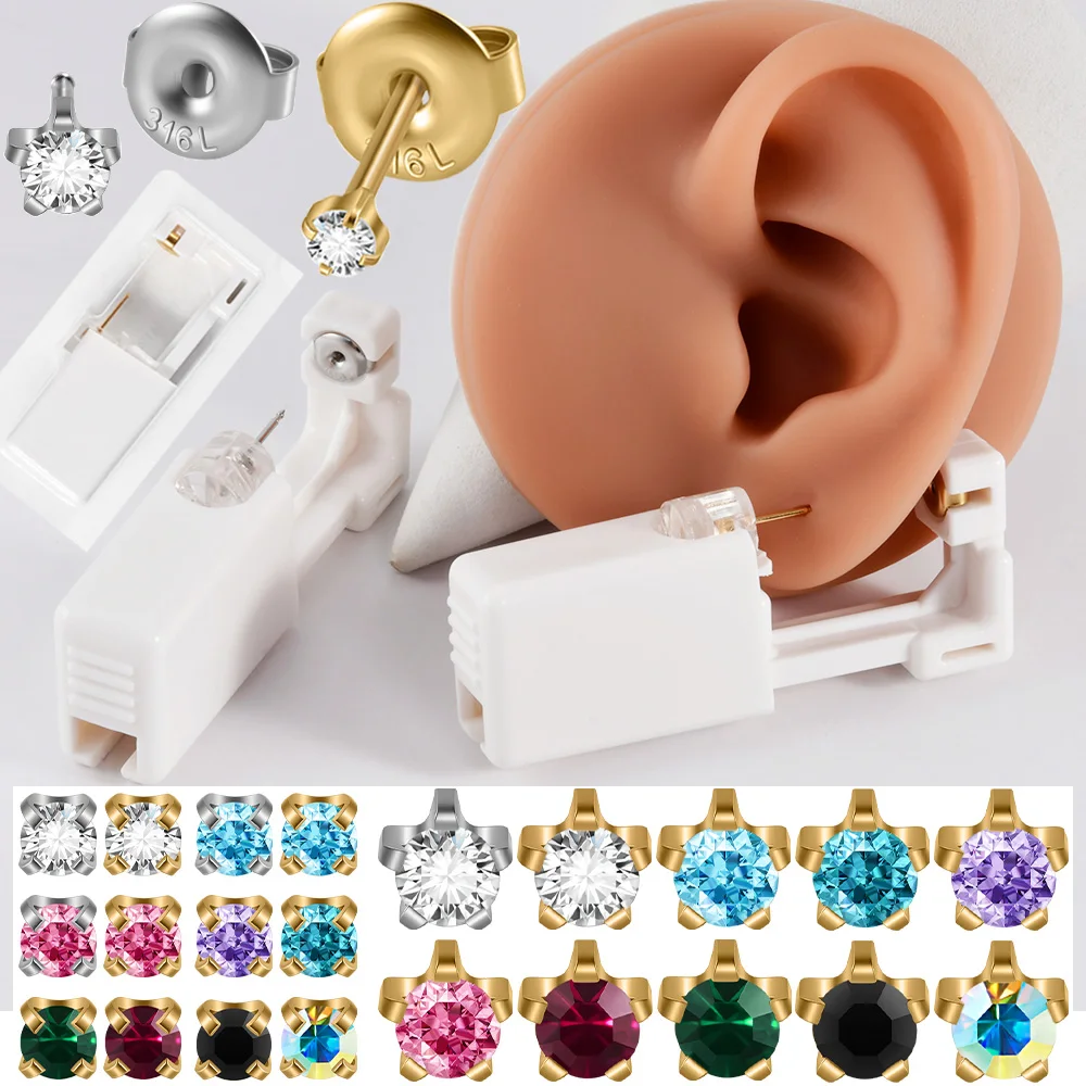 CHUANCI 316L Stainless Steel 2/3mm Zirconia Ear Studs Dispossable Sterile Piercing Stud with Safe Base Buckle Set Body Piercing