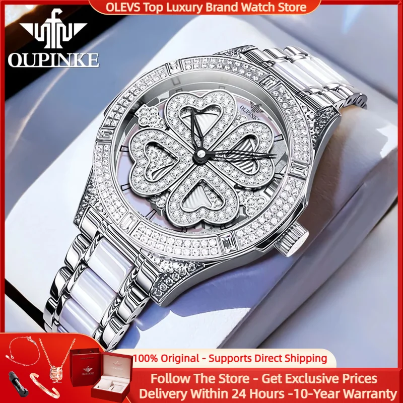 

OUPINKE 3279 Swiss Quartz Women's Watches Rotating Lucky Grass Design Luxury Brand Steel Full Diamonds Elegant Watch for Ladies