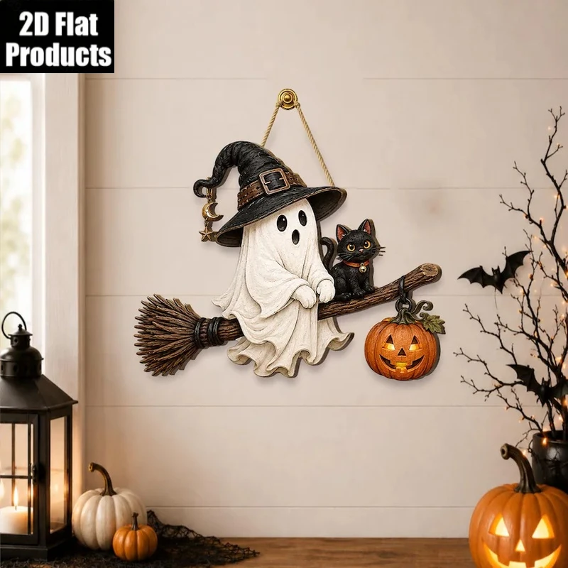 2D Flat, 1pc Broom Ghost Door Decor, Halloween Cute Ghost Black Cat Pumpkin Front Door Wall Decoration, - Horror Gothic Style,