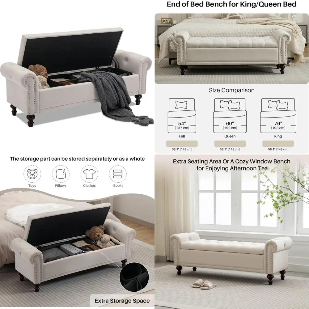 

Large Storage Ottoman Bench with Tufted Upholstered Linen Cushion and Rolled Arm for Bedroom End of Bed