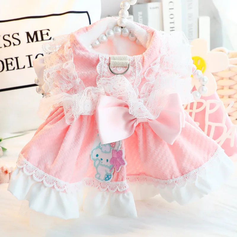 

Autumn Winter Thick Warm Pet Dog Clothes Korean Pink Blue Cotton Bow Princess Dress For Small Medium Dog Poodle Puppy Coat Skirt