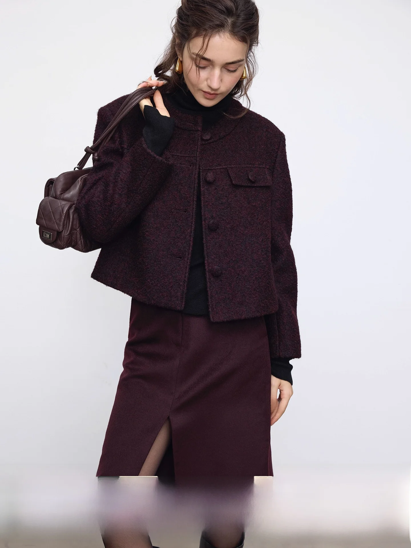

Bordeaux Autumn Lacape Faion Boxy Slim Straight oulder Woolen Tweed ort Coat Casual Sle round Ne Button Closure