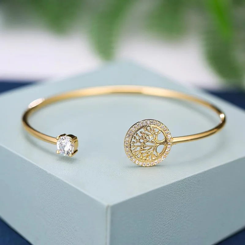 Fashion Tree of Life Open Bracelet for Women White Zircon Charm Gold Color Bangles Boho Jewelry Gift for Women Pulsera De Mujer