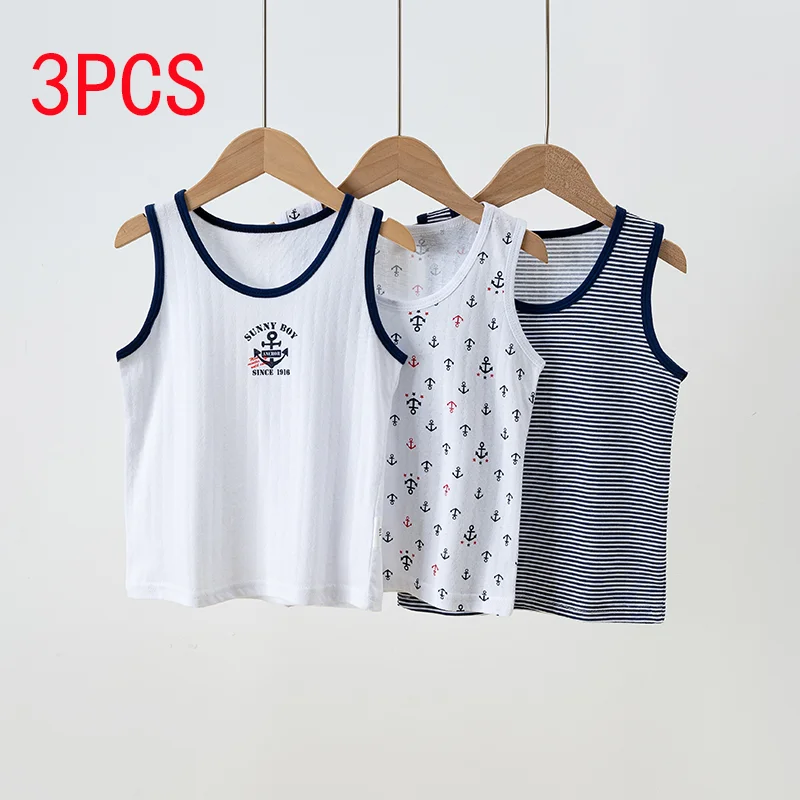 3 Pcs Boys' Girl's Summer Cartoon Printed Casual Round Neck Vest Children's Versatile Sleeveless T-shirt Comfortable Sports Top