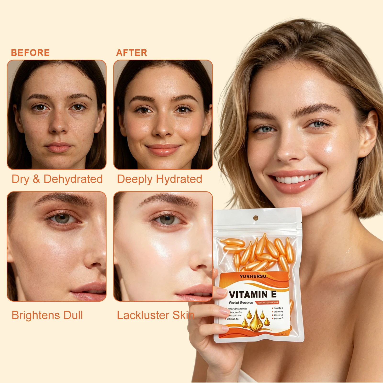 Cápsulas de Esencia de Vitamina E, Suero Facial Hidratante Profundo, Nutre la Piel, Mejora la Sequedad, Reafirma la Piel