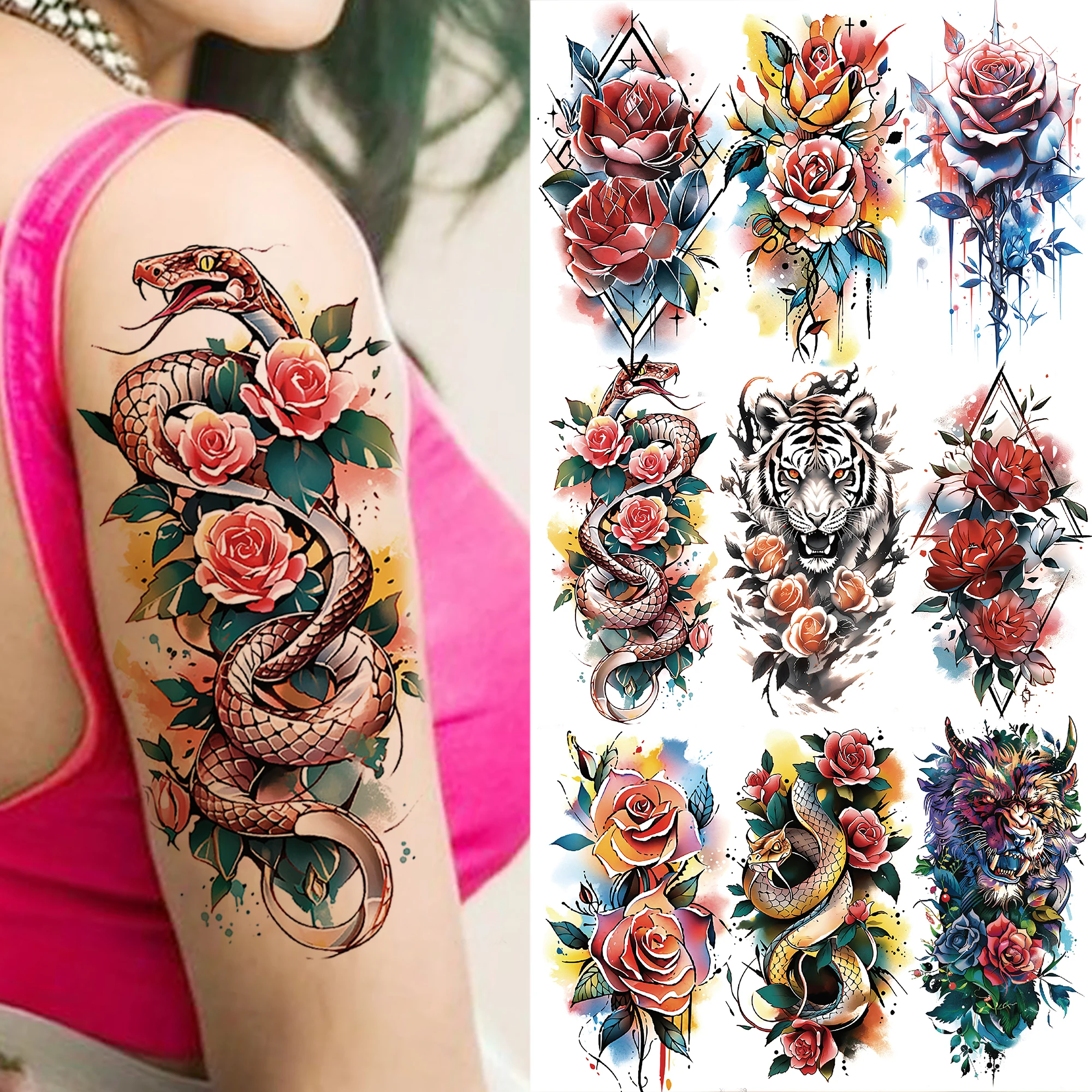 1 Sheet Flower Snake Watercolor Tiger Temporary Tattoos For Women Adults Fake Peony Rose Tattoo Sticker Arm Leg Body Disposable