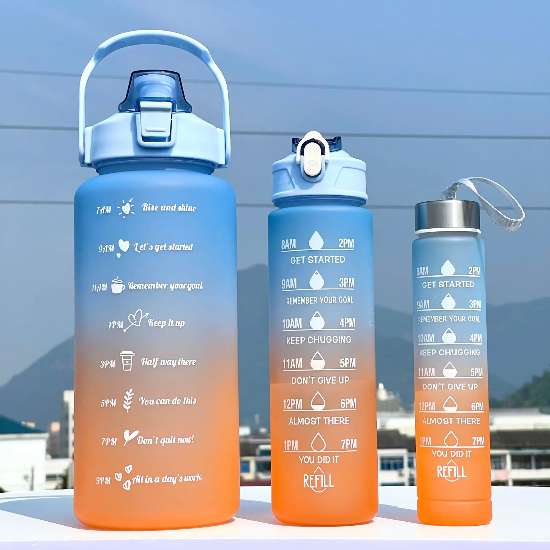 2L with Time Graduated Space Cup Water Bottle High Capacity 3-Piece Set Portable Handheld Plastic Cups Outdoor Travel Gym Bottle