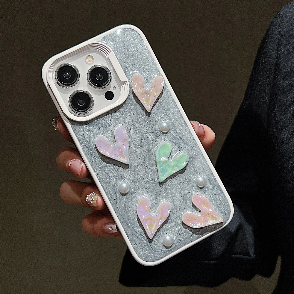 Luxury Bling Glitter 3D Love Heart Phone Case for Iphone 14 13 12 11 15 Luminous TPU Drop Glue Lens Protection Bumper Back Cover