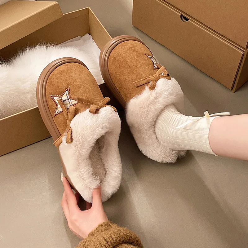 Zapatillas de invierno para mujer, con estampado de estrellas y lazo, forro polar, plataforma, suela gruesa, cálidas y cómodas, ideales para usar en casa, antideslizantes, para interiores y exteriores, botas suaves para el hogar.