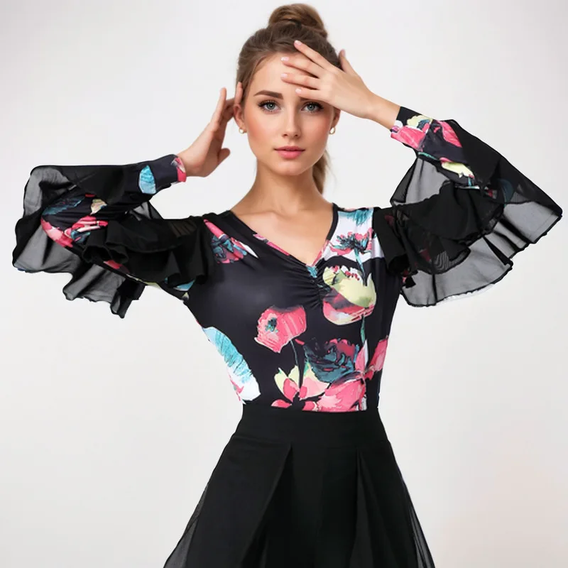 

Новая женская одежда для выступлений на сцене, бальные костюмы для национальных танцев, вальса, латинские танцы, ча-ча-самба, сетчатые лоскутные топы, одежда