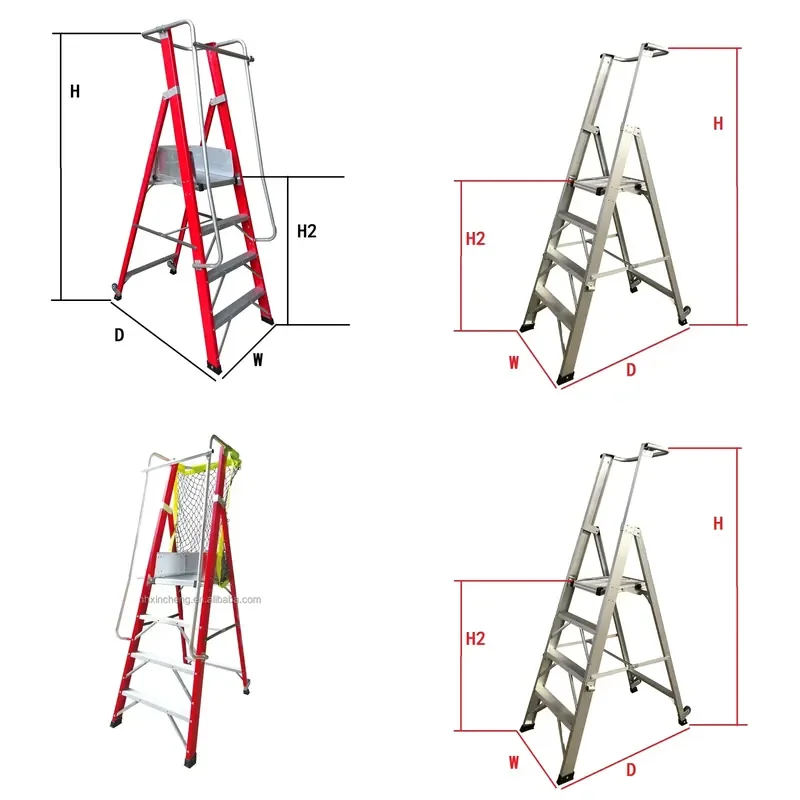 FRP platform ladder with safety handrails and tool tray, insulated industrial folding ladder with wheels