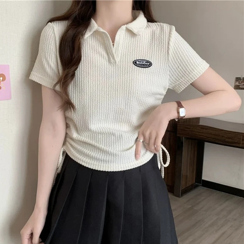 New Women Sweet Spicy Style Short Sleeved T-shirts Lady Korean Slim Fit Tie Up Tops Female Leisure Turndown Collar Crop Clothes