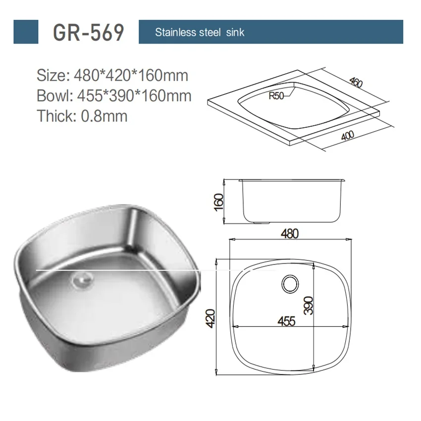 Stainless Steel Sink Hand Wash Basin 480*420*160mm For RV Caravan Camper Boat GR-569