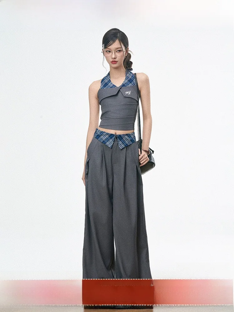 

WESTAYONE New Arrival Spring Summer Women's Wide Leg Pants Ne Hanging Strap Vest Patchwork Design Faionable Busin Casual