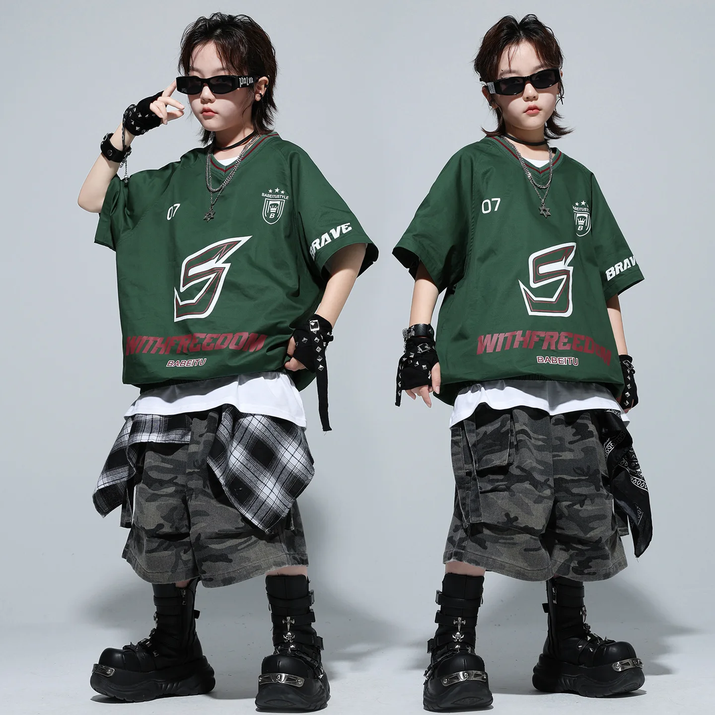 

Kid Kpop Hip Hop Clothing Green V Neck T Shirt Camo Casual Strap Cargo Shorts Middle Pants for Girl Boy Dance Costumes Clothes
