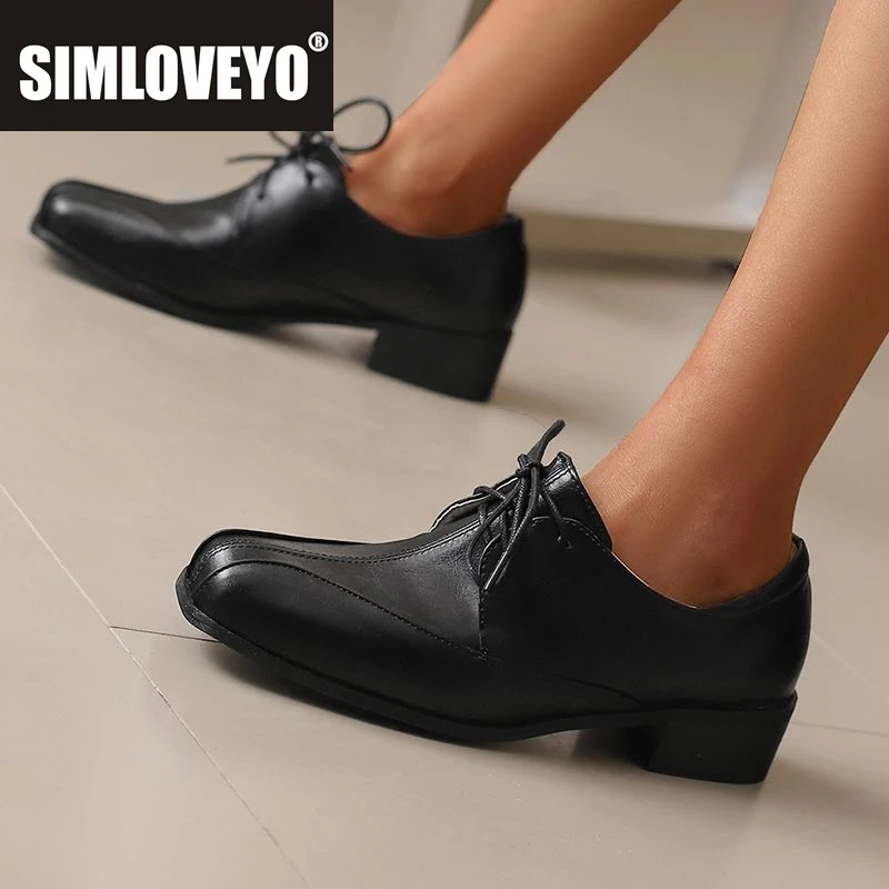 

SIMLOVEYO Роскошные женские туфли-лодочки с квадратным носком на массивном каблуке 3,5 см, на шнуровке, большие размеры 46, 47, 48, повседневная женская обувь для отдыха в британском стиле