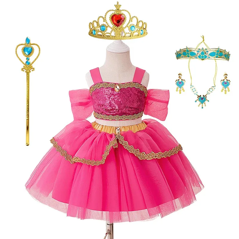 

Fairy Baby Girl Shiny Sequin Princess Jasmine Dress Up 2Pcs Top Tutu Skirt Aladdin Halloween Masquerade Party Role Play Costume