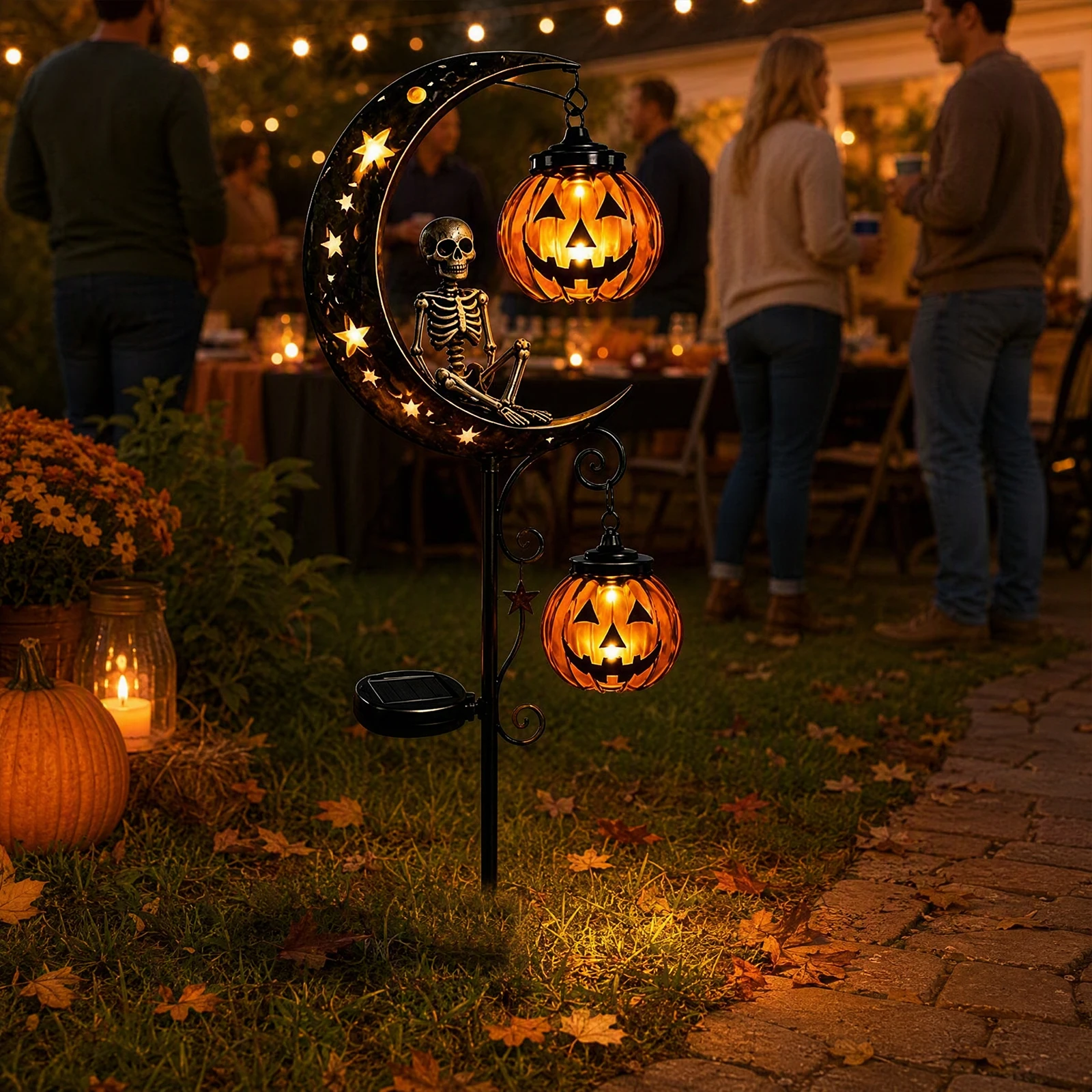 Halloween Pumpkin Solar Stake Light Moon Crescent Skeleton Ghost Outdoor Lawn Garden Yard Decor Warm Glow Auto On Off