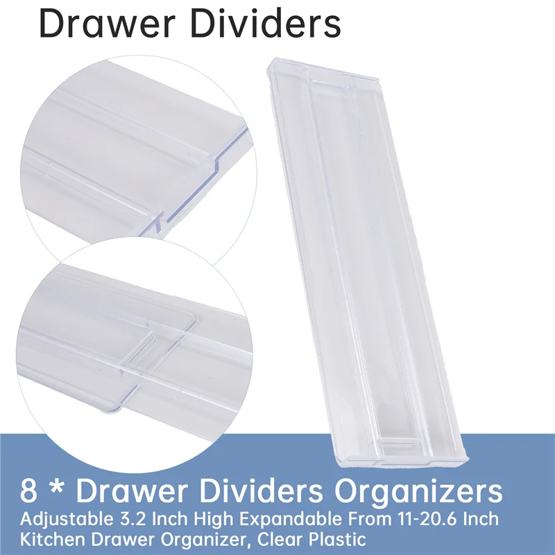 

Exquisite-Drawer Dividers 8 Pack, Adjustable 3.2 Inch High Expandable From 11-20.6 Inch Kitchen Drawer Organizer, Clear Plastic