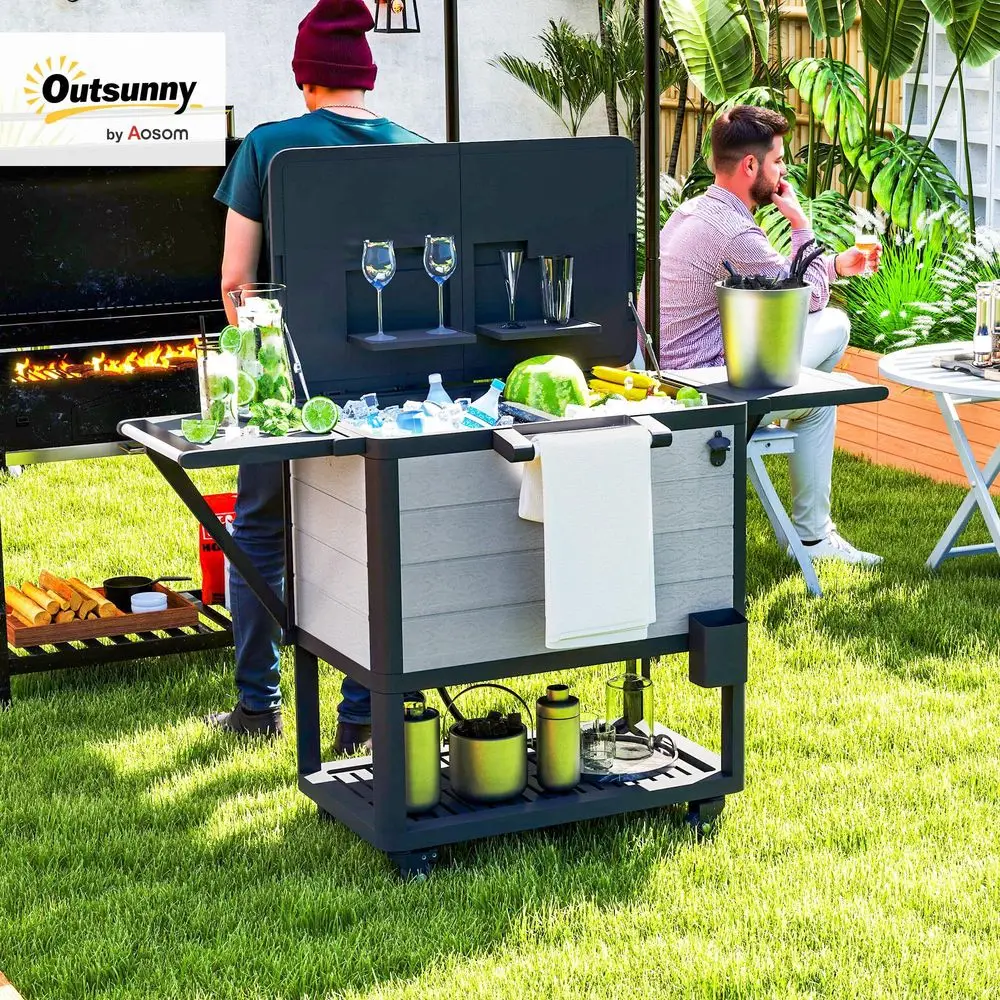 

Patio Cooler with Wheels, 104 Quart Large Capacity Rolling Ice Chest with Bottle Opener and Shelves, Outdoor Beverage Bar Cart