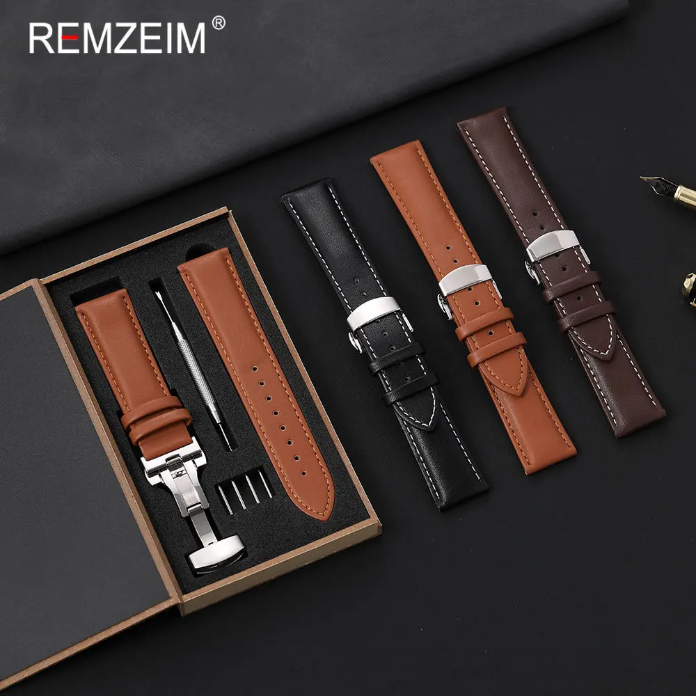 Men Synthetic Leather Wristband with Butterfly Buckle 18mm 20mm 22mm 24mm with Gift Packing Box Fashion Watch Strap