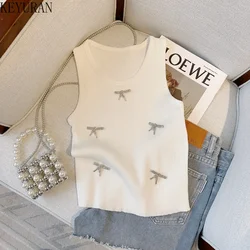 2023 Summer Diamonds Bow Knit Vests Women's Black White Fashion Chic Pullover Sleeveless Sweater Knitwear Tank Crop Tops Ladies