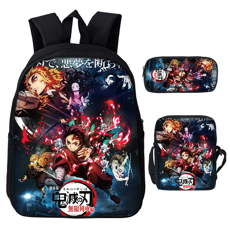 Anime Demon Slayer Plecak Chłopcy Dziewczynki 3-częściowy zestaw tornistrów Studenci Bookbag Torby na ramię Torba na długopisy Tornister szkolny Mochila