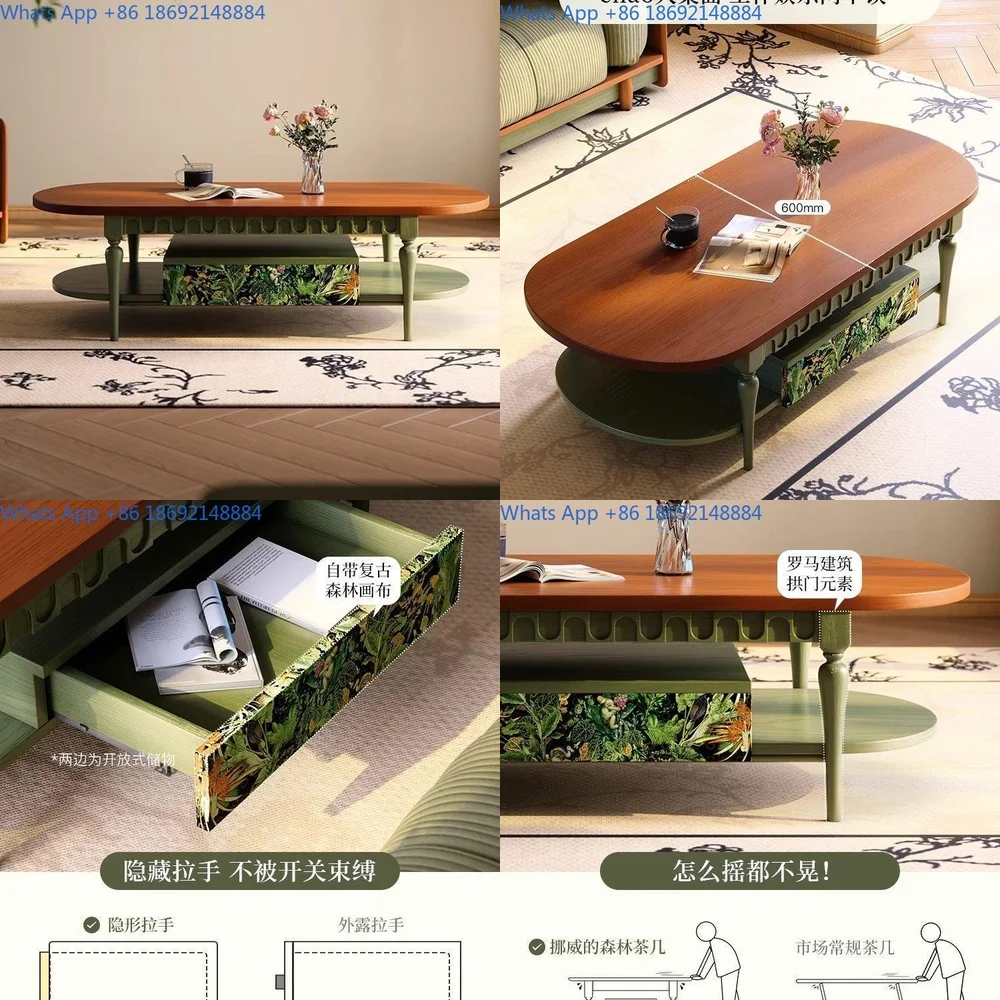 Solid Wood Coffee Table French Vintage Style for Small Living Room Mid Century Modern Design Ash Wood Table