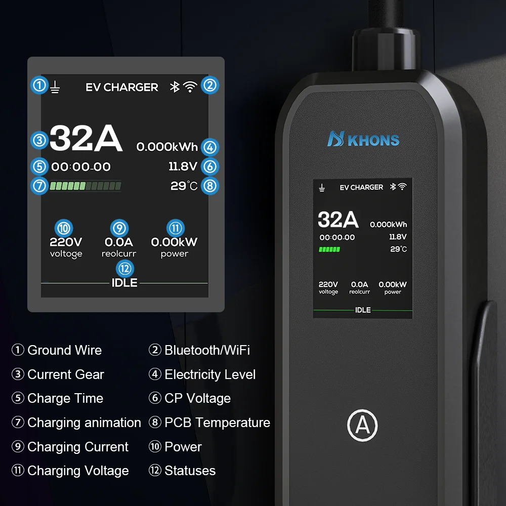 Khons 7kW Type2 EV Charger 32A Portable EVSE Wallbox EV Charging Station with APP Control 5m Cable for Electric Vehicle Car view 2