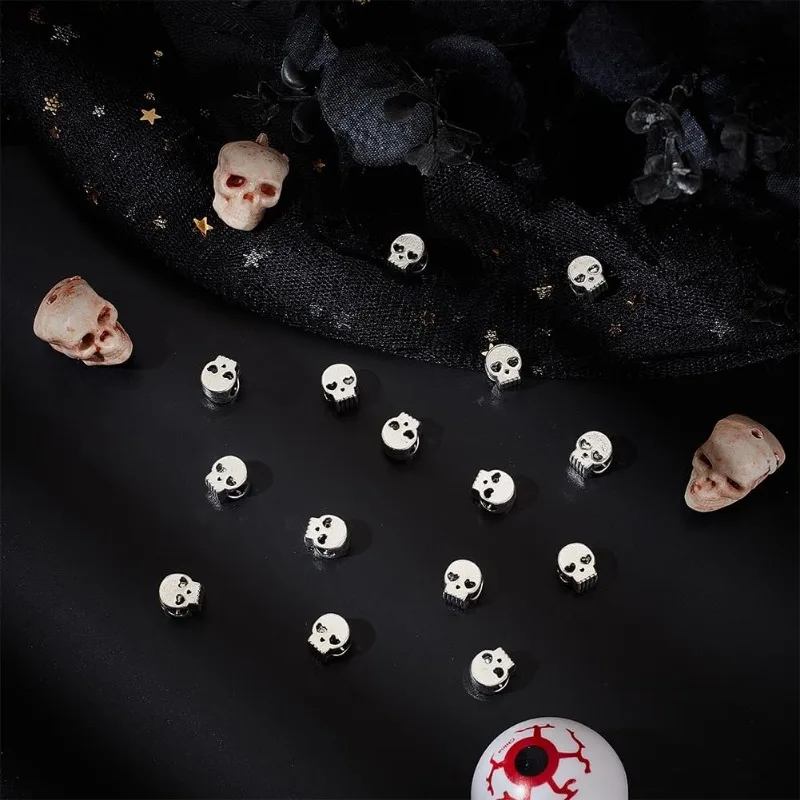 60 Pcs Alloy Skull Beads Antique Silver Punk Retro Flat Skull Bead Large Hole Bead Loose Spacer Bead Tibetan Style European Bead