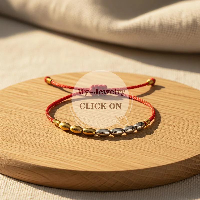 Waterproof Red Rope Gold Rice Bead Bracelet Adjustable Lucky Charm Jewelry for Outdoor Activities