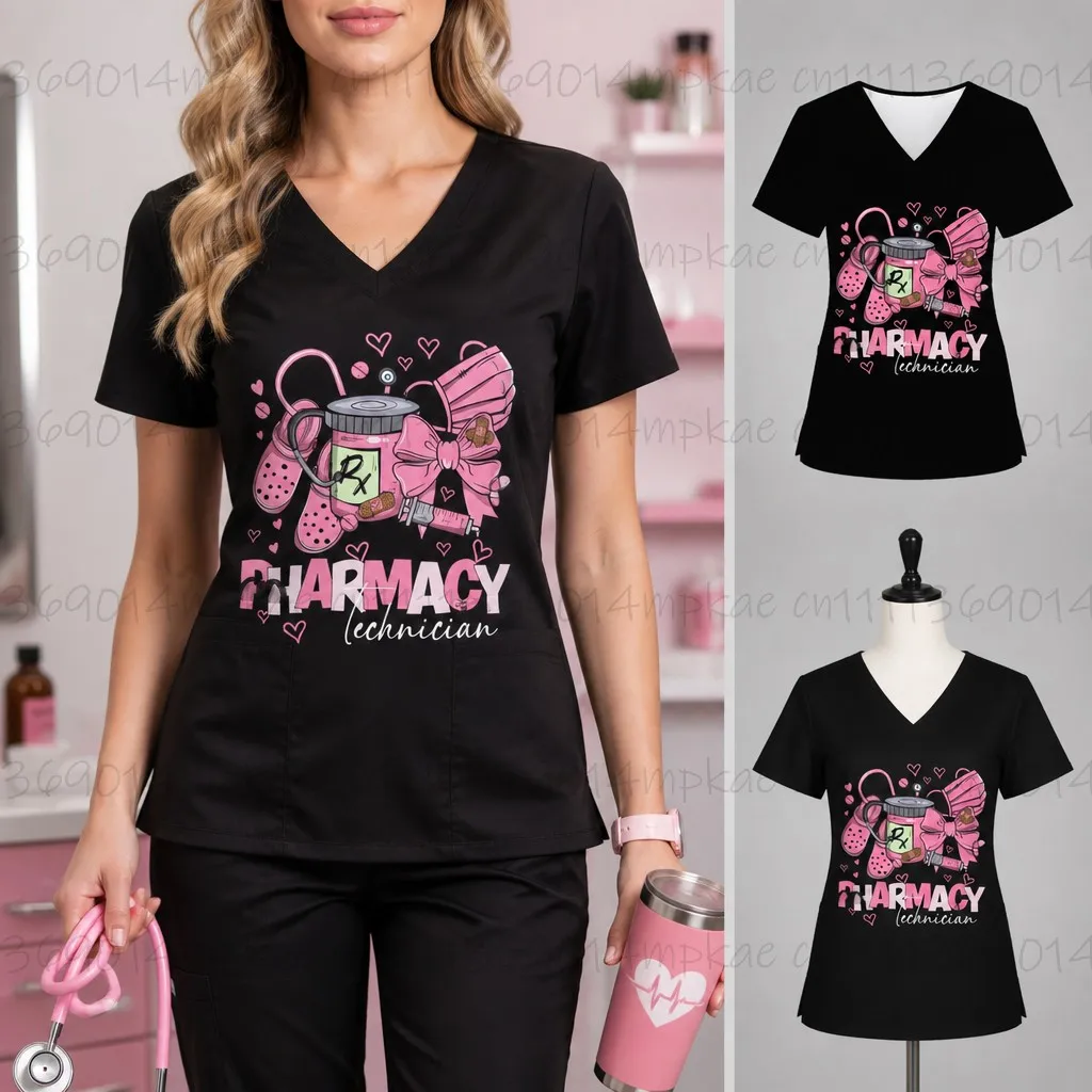 

2026 Summer Nurse Uniform Women's Matte Printed V-Neck Surgical Gown Top with Pockets Dental Hospital Clinic T-Shirt