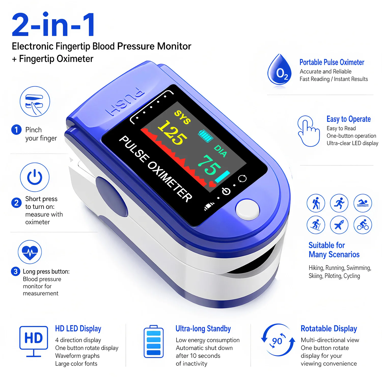 2IN1 Finger Clip Oximeter Home HD LED Blood Pressure Meter Portable Visual Fingertip Pulse Oxymeter Saturation SpO2 Monitor