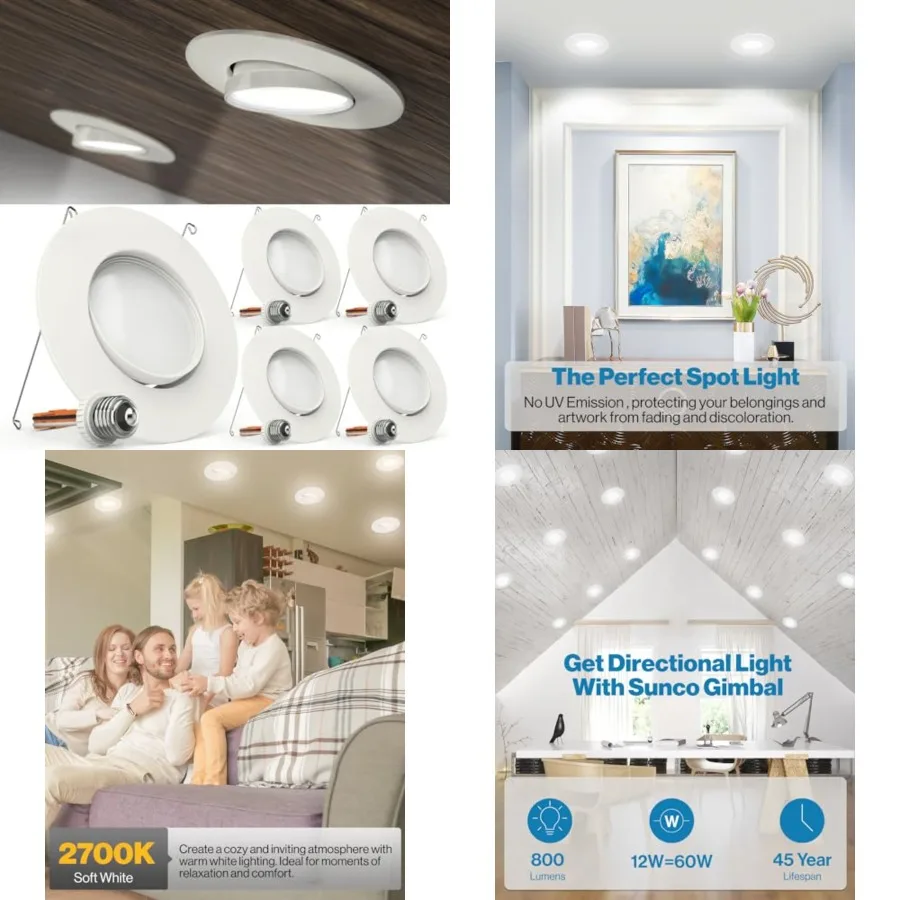 

Sunco LED Can Lights Eyeball Retrofit Gimbal 5/6 Inch Directional Recessed Lights, 12W=60W,,800 LM, Dimmable Adjustable Angled