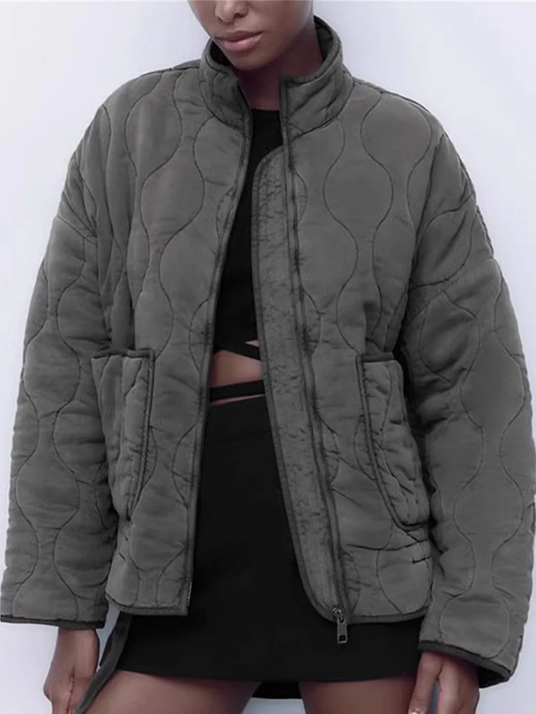 

Winter Commute Thiened Pure Color Cotton Jaet Women's Warm Coat Straight Cut Long Sve Zipper Closure No Hood Faionable