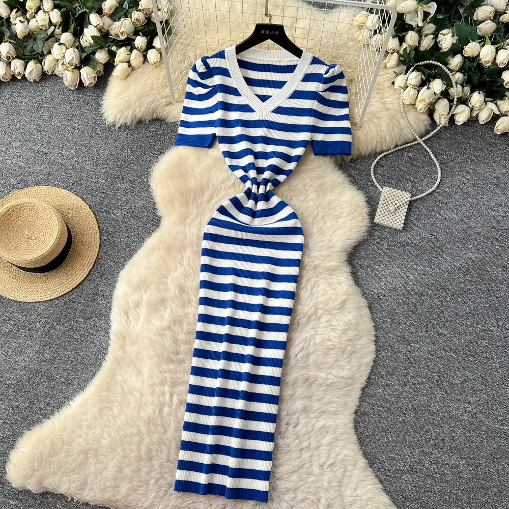 Realeft verão vintage listrado feminino malha envoltório vestidos 2026 novo decote em v manga curta casual bainha lápis vestido feminino