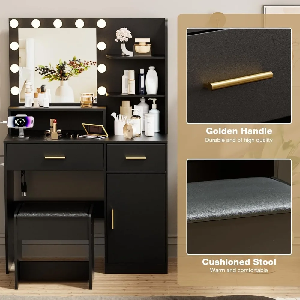Vanity Desk illuminato con presa di corrente, set da trucco bianco con 2 cassetti, toletta regolabile per B migliorato
