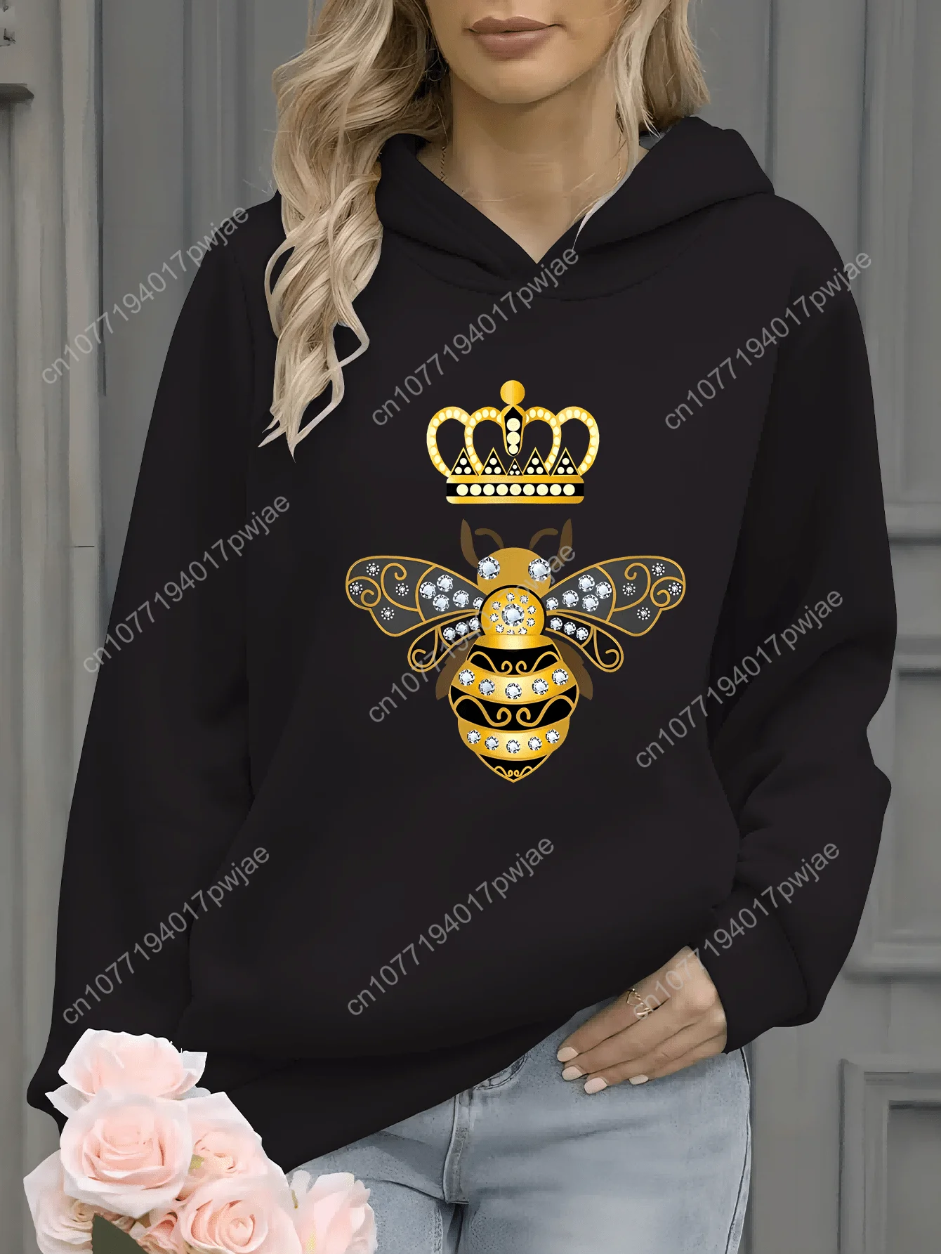 Moletom com capuz com estampa de abelha e coroa, moletom casual de manga comprida para outono e inverno, roupas femininas