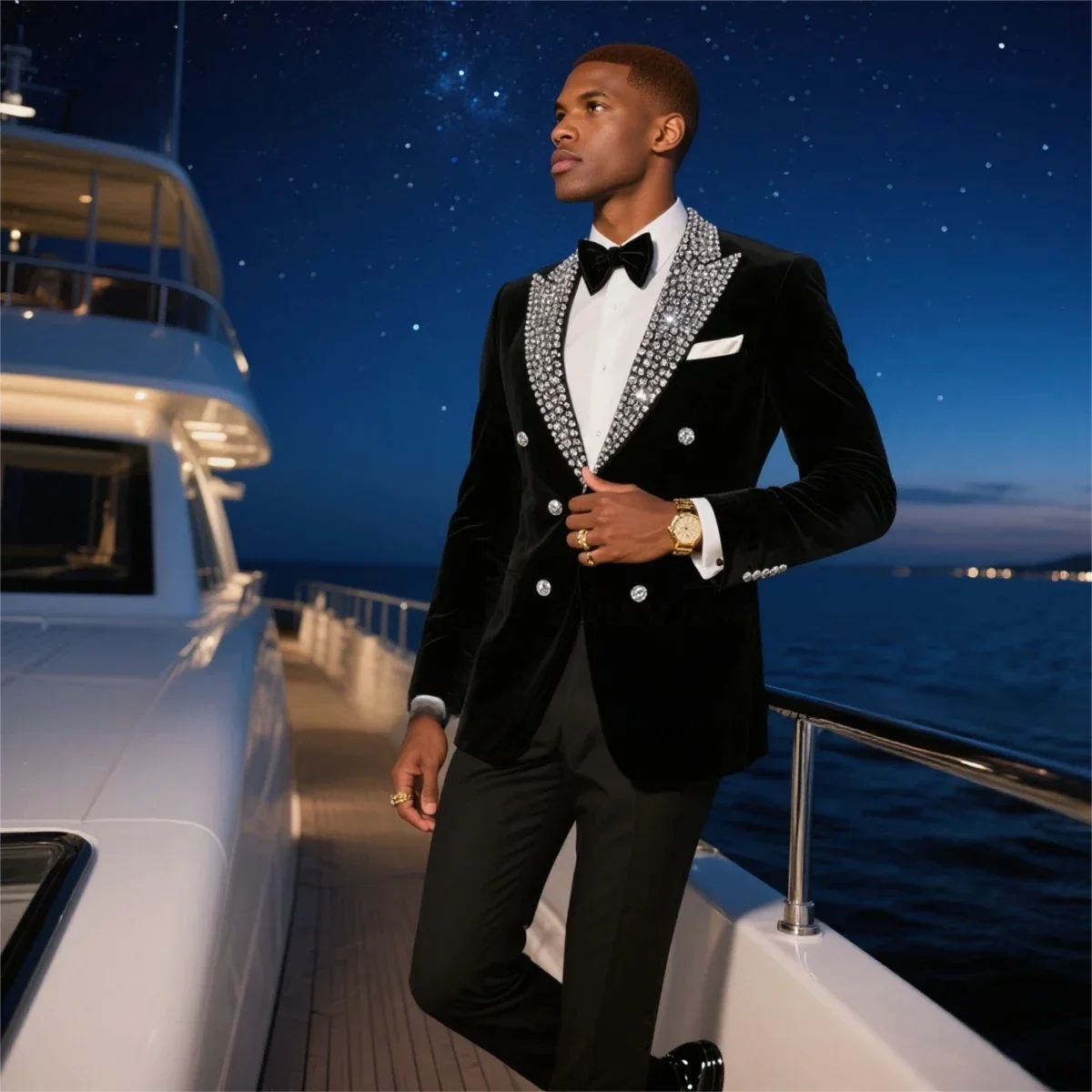 Luxury Double Breasted Crystal Man Suits Formal Wedding Groom Tuxedo For Prom Party 2 Pieces Velvet Evening Male Costume