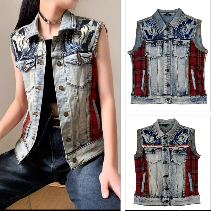 Foreign trade original single Spanish new embroidery patch stitching vintage washed denim vest